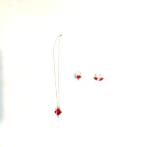 Sterling Silver Red Stone Necklace Ring Earring Set Diamond Shape Swirl NEW